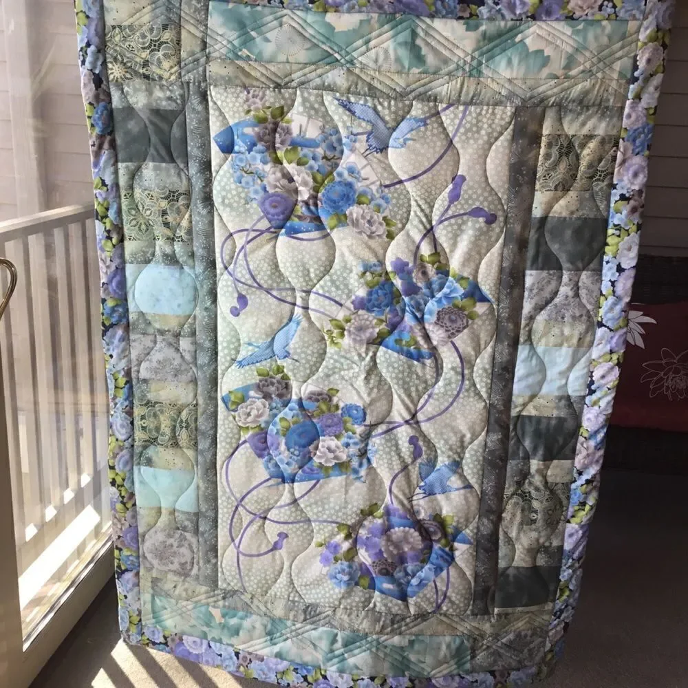 NWT Hand Crafted Quilt in Oriental Prints of Blues and Aquas With Cranes